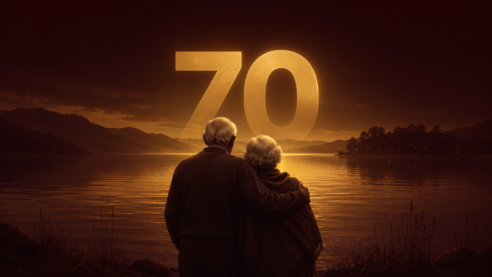 Casal idoso abraçado diante de um lago ao pôr do sol, celebrando 70 anos juntos